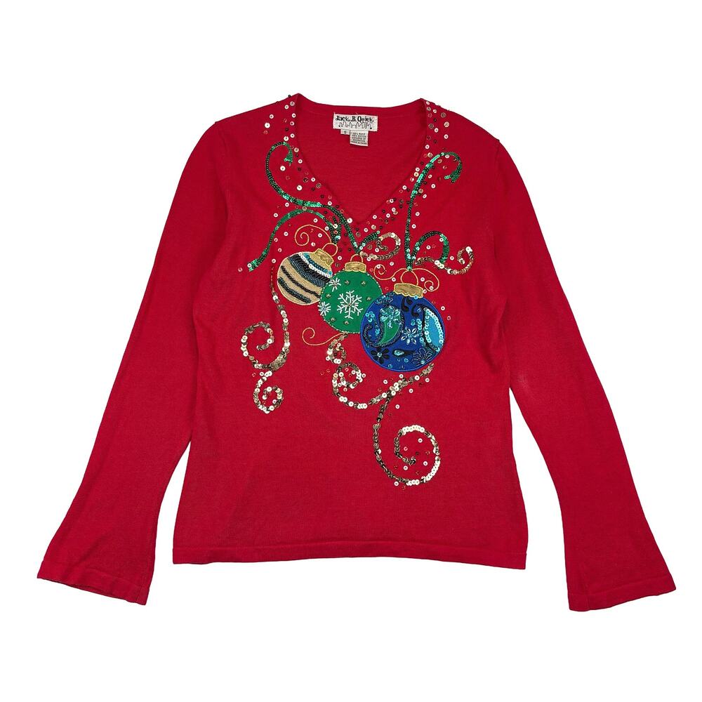 Jack B Quick Christmas Sweater Women's S Red Ornaments Sequin Beaded Holiday